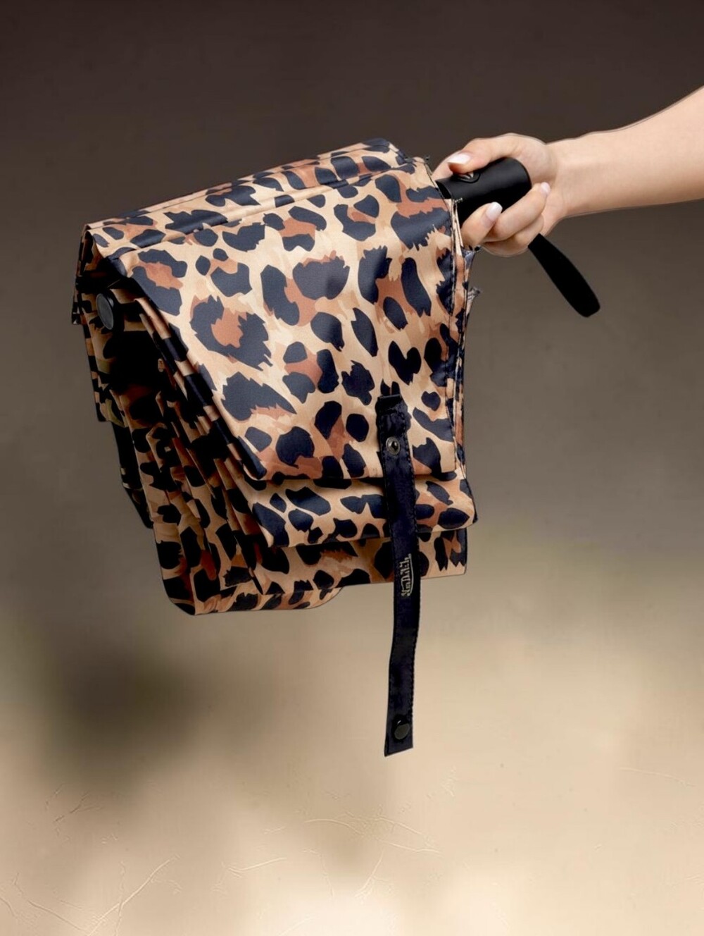 VON DUTCH Automatic Open Close Leopard Print Compact Umbrella - Black Brown - Picture 3 of 7